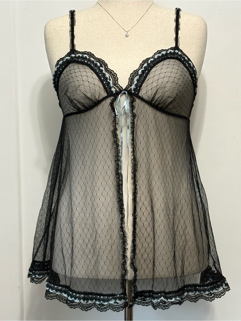 Vintage 2003 Victoria's Secret Swiss Dot Mesh Babydoll Slip Dress Lingerie M